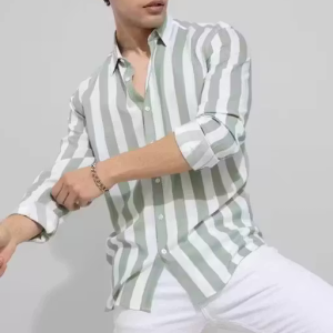 Men’s Green & White Striped Casual Shirt